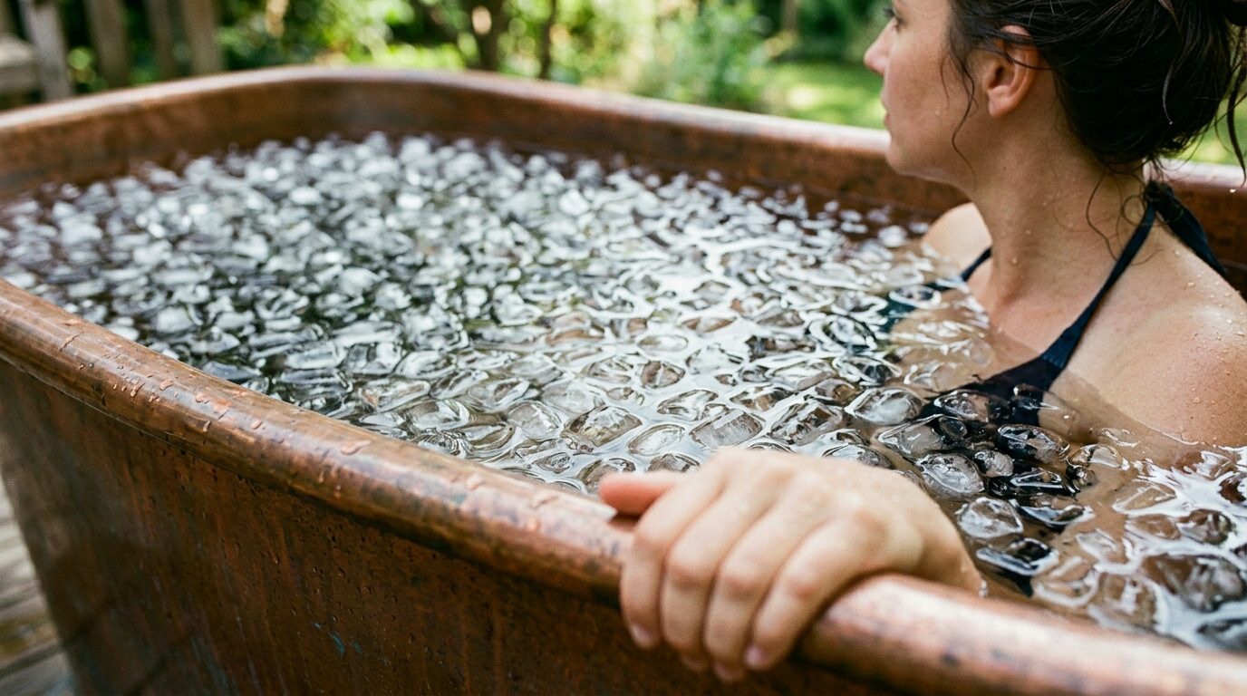 Vrouw in een ijsbad in de buitenlucht